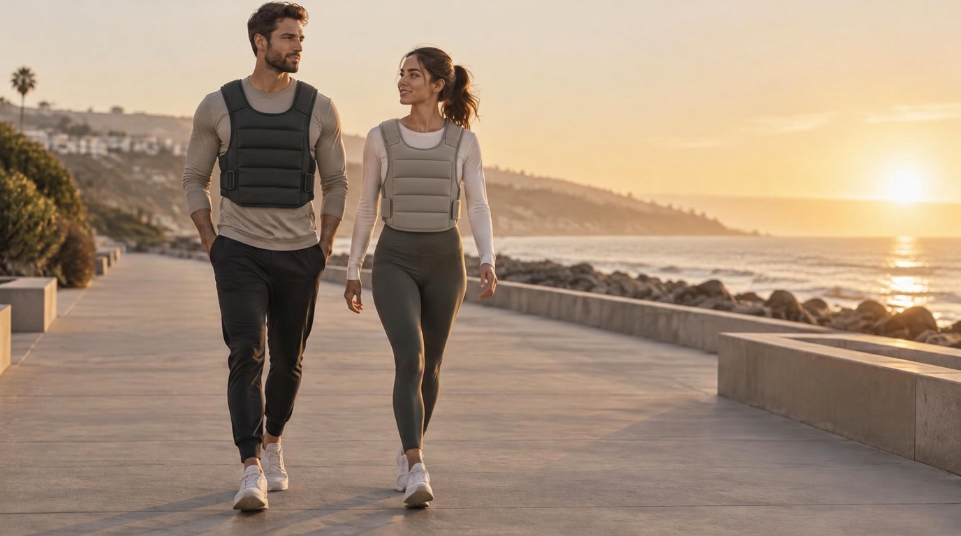 Two people walking together at golden hour wearing WALK 4 vests